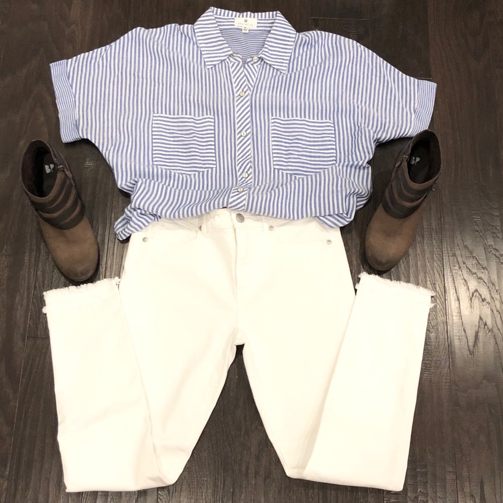 Socialite Blue & white pinstripe button front top